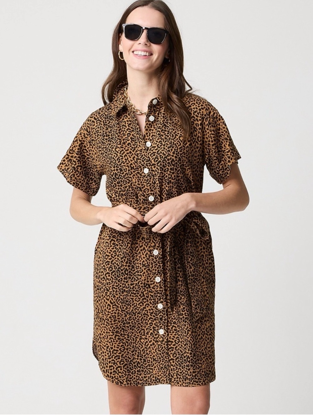 J. Crew Leopard Print Linen-blend belted mini shirt-dress